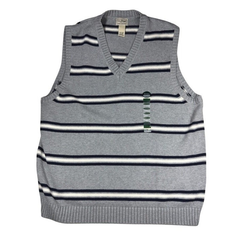 Men's LL Bean Sweater Vest Grey Striped V-Neck 100% Cotton Preppy Grandpacore XL